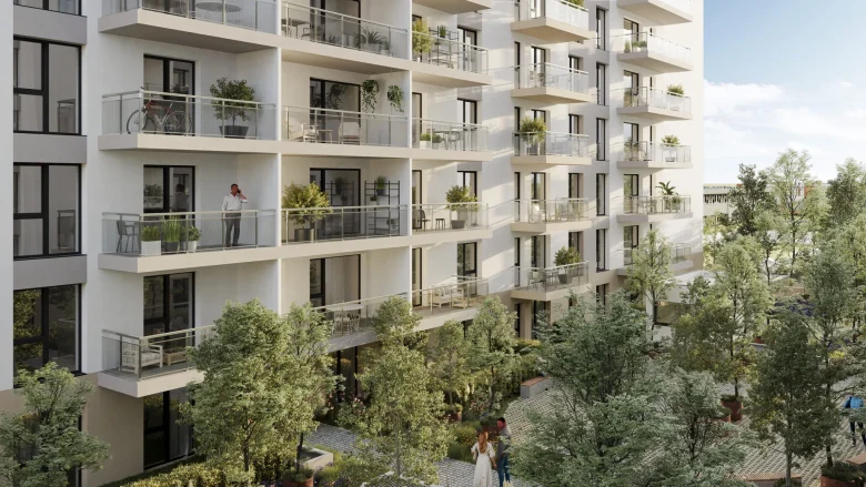 Bloc de apartamente noi cu balcoane și spații verzi, piața imobiliară România 2026. Foto ilustrativ.