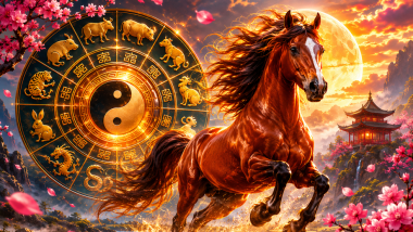 Zodiac chinezesc cu calul de foc galopând în fața roții zodiacale, luna plină și templu chinezesc. Foto ilustrativ.