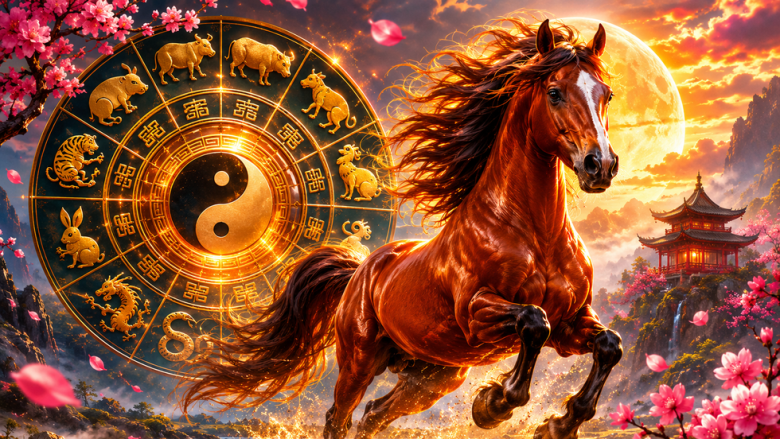 Zodiac chinezesc cu calul de foc galopând în fața roții zodiacale, luna plină și templu chinezesc. Foto ilustrativ.
