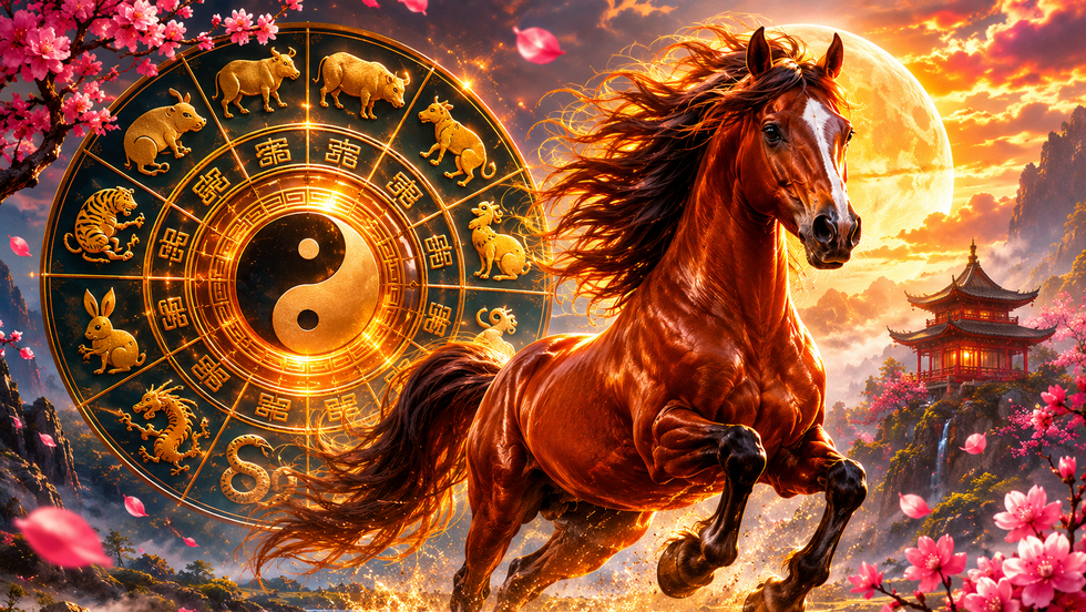 Zodiac chinezesc cu calul de foc galopând în fața roții zodiacale, luna plină și templu chinezesc. Foto ilustrativ.